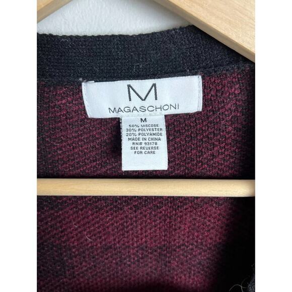 Magaschoni Plaid Open Front Cardigan Sweater Black Burgundy Size Medium Women’s - Picture 3 of 4